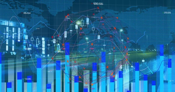 Obrázek Pohyblivých Grafů Mapou Světa Rychlou Dálnicí Digitální Rozhraní Globální — Stock fotografie