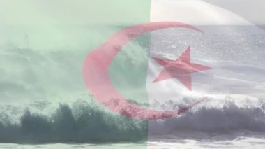Denizde dalgalanan Cezayir bayrağının animasyonu. seyahat, tatiller, vatanseverlik ve dijital olarak üretilen video konsepti.