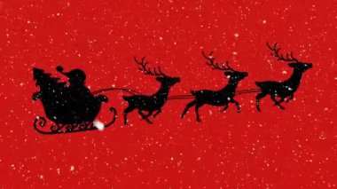 Kırmızı arka planda ren geyiği olan Noel Baba 'nın üzerine yağan kar animasyonu. Noel, gelenek ve kutlama konsepti dijital olarak oluşturuldu.