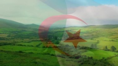 Cezayir bayrağının yeşil alanda dalgalanmasının animasyonu. seyahat, tatiller, vatanseverlik ve dijital olarak üretilen video konsepti.