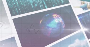 Karmaşık ekranlarda oynayan çeşitli klipler üzerinden çizelge ve veri işleme animasyonları. küresel iletişim, veri teknolojisi ve dijital arayüz konsepti dijital olarak oluşturulmuş video.