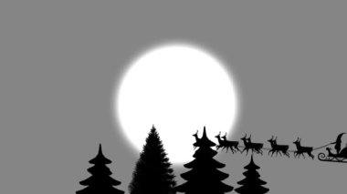 Gri arka planda kar yağan ren geyikleriyle Noel Baba 'nın kızakta canlandırılması. Noel, gelenek ve kutlama konsepti dijital olarak oluşturuldu.