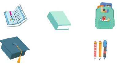 Beyaz arka planda zıplayan okul eşyalarının animasyonu. eğitim, okula dönüş ve dijital olarak üretilen video konsepti.