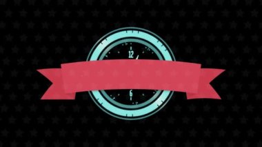 Saat ve havai fişekler üzerinde Amerikan bayrağı bulunan 4 Temmuz metninin animasyonu. Amerikan vatanseverliği, bağımsızlık ve kutlama konsepti dijital olarak oluşturulmuş video.