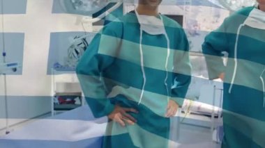 Ameliyathanede mutlu cerrahların bayrağını sallayan Yunan animasyonu. küresel tıp, covid 19 pandemik konsept sırasında sağlık hizmetleri dijital olarak üretilen video.