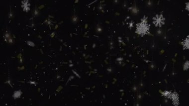Siyah arka planda konfeti ve kar taneleri animasyonu. Noel, kış, gelenek ve kutlama konsepti dijital olarak oluşturulmuş video.