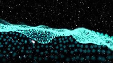 Siyah arkaplana doğru ilerleyen mavi dijital dalganın üzerine kar yağıyor. doku ve tasarım ile teknoloji arkaplanı