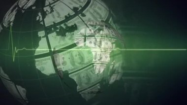 Amerikan dolarları banknotları ve kalp atış hızı veri işlemleriyle oluşan bir dünya animasyonu. küresel iş, finans ve dijital arayüz kavramı dijital olarak oluşturulmuş video.