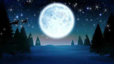 Kızakta Noel Baba 'nın animasyonu. Ayın üstünde ren geyikleriyle. Noel, gelenek ve kutlama konsepti dijital olarak oluşturuldu.