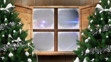 Dijital dalganın üzerinde iki noel ağacı ve ahşap pencere çerçevesi ve siyah arka planda ışık lekeleri. Noel şenliği ve kutlama konsepti