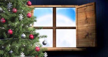 Pencereden ve noel ağacından görülen ren geyikleriyle kızakta Noel Baba 'nın animasyonu. Noel, gelenek ve kutlama konsepti dijital olarak oluşturuldu.