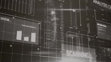 Gri arkaplanda analiz metni ve veri işleme animasyonu. iş, finans ve dijital arayüz kavramı dijital olarak oluşturulmuş video.