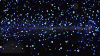Kar tanelerinin canlandırması ve siyah arka planda parlayan mavi noktalar. Noel, kış, gelenek ve kutlama konsepti dijital olarak oluşturulmuş video.