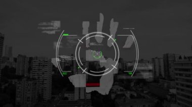 Biyometrik el izi üzerinde veri işleme animasyonu. küresel çevrimiçi kimlik, veri işleme, teknoloji ve dijital arayüz dijital olarak oluşturulmuş video.