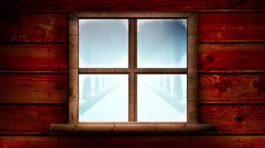 Ahşap pencere çerçevesi mavi arka planda birden fazla spot lambasına karşı. Noel şenliği ve kutlama konsepti