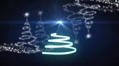 Mavi arka planda noel ağacı ikonlarına karşı kurdelenin üzerinde bir ışık lekesi oluşuyor. Noel şenliği ve kutlama konsepti