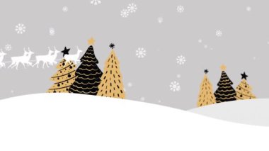 Noel ağaçları ve Noel Baba 'nın kızakta beyaz arka planda ren geyikleriyle canlandırılması. Noel, kış, gelenek ve kutlama konsepti dijital olarak oluşturulmuş video.