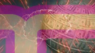 Animasyon Amerikan doları banknotları. İnsan beyni ve arka planda satış metni olan dünya banknotları.. 