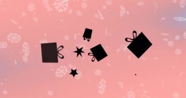 Kar yağarken hediye animasyonu. Noel, kış, gelenek ve kutlama konsepti dijital olarak oluşturulmuş video.