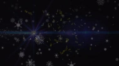 Siyah arka planda konfeti ve kar taneleri animasyonu. Noel, kış, gelenek ve kutlama konsepti dijital olarak oluşturulmuş video.