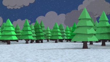 Kış mevsiminde birden fazla ağaç simgesinin üzerine düşen kar mavi arkaplandaki bulut simgelerine çarpıyor. Noel şenliği ve kutlama konsepti