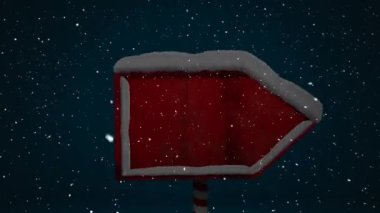 Kar yağışının animasyonu ve mavi arka planda ahşap tabela. Noel, kış, gelenek ve kutlama konsepti dijital olarak oluşturulmuş video.