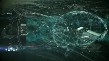 İnsan beyninin animasyonu ve şehir manzarası üzerinde tarama. küresel internet güvenliği, veri işleme ve teknoloji konsepti dijital olarak oluşturulmuş video.