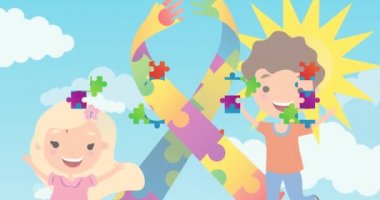 Renkli yapboz parçalarının animasyonu çocuklar ve gökyüzü üzerinde kurdele ve umut metni oluşturuyor. otizm, öğrenme güçlüğü, destek ve farkındalık kavramı dijital olarak oluşturulmuş video.