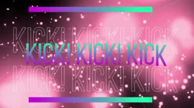 Pembe ışıkların üzerine yeşil ve mor renkli tekme metninin animasyonu ve siyah arkaplandaki parçacıklar. Sosyal medya ve iletişim konsepti dijital olarak oluşturulmuş video.