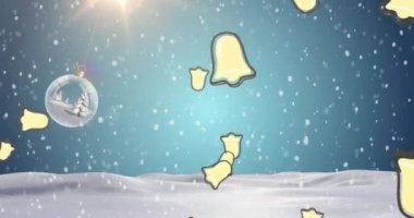Noel dekorasyonunun üzerine çanların düşüşünün animasyonu. Noel, gelenek ve kutlama konsepti dijital olarak oluşturuldu.