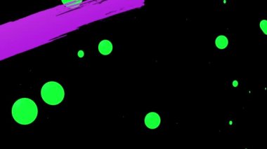 Sarı arkaplanı dolduran mor ve mavi renkli girdapların üzerindeki yeşil damlaların animasyonu. hareket ve enerji, soyut arkaplan tasarımı konsepti dijital olarak oluşturulmuş video.