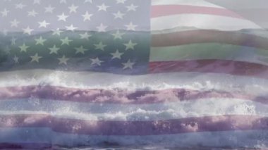 Denizde dalgalanan Amerikan bayrağının animasyonu. seyahat, tatiller, vatanseverlik ve dijital olarak üretilen video konsepti.
