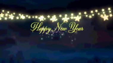 Animasyon Noel mevsimleri selamlar ve kış manzarası boyunca parlayan peri ışıkları