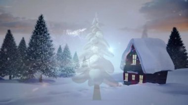 Yılbaşı ağacıyla kış manzarasının animasyonu. Noel, kış, gelenek ve kutlama konsepti dijital olarak oluşturulmuş video.