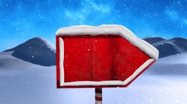 Mavi arka planda ahşap tabelalı kış manzarası animasyonu. Noel, kış, gelenek ve kutlama konsepti dijital olarak oluşturulmuş video.