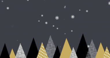 Yılbaşı ağaçlarının ve dekorasyonların üzerine yağan kar animasyonu. Noel, gelenek ve kutlama konsepti dijital olarak oluşturuldu.