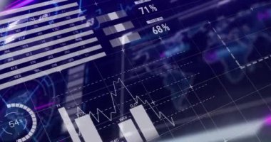 Dünya haritası üzerinde istatistik ve veri işleme animasyonları. küresel bağlantılar, dijital arayüz ve dijital olarak oluşturulmuş video işleme konsepti.