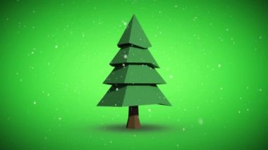Yeşil arka planda dönen Noel ağacı simgesinin üzerine kar yağıyor. Noel şenliği ve kutlama konsepti