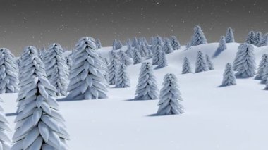 Kış manzarasında köknar ağaçlarının üzerine düşen kar animasyonu. Noel, gelenek ve kutlama konsepti dijital olarak oluşturuldu.