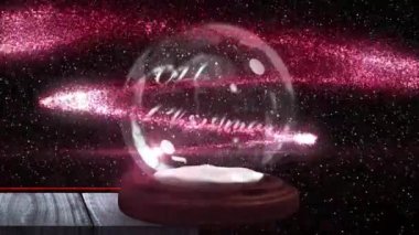 Kar küresinin üzerine düşen kar animasyonu ve mutlu noel metni. Noel, kış, gelenek ve kutlama konsepti dijital olarak oluşturulmuş video.
