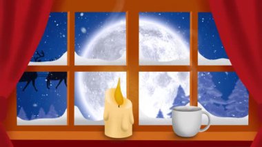 Kızakta Noel Baba 'nın animasyonu. Kar yağarken ren geyiği, pencereden ay görünürken. Noel, gelenek ve kutlama konsepti dijital olarak oluşturuldu.