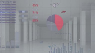 Gri arkaplandaki istatistik ve veri işleme animasyonları. iş, finans ve dijital arayüz kavramı dijital olarak oluşturulmuş video.