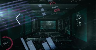 Ekranlardaki istatistik ve veri işleme animasyonları. küresel veri işleme ve dijital arayüz konsepti dijital olarak oluşturulmuş video.