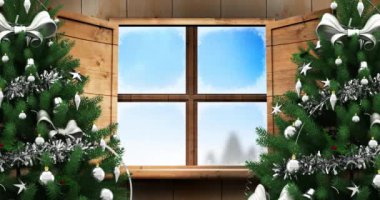 Pencereden ve noel ağaçlarından görülen ren geyikleriyle kızakta Noel Baba 'nın animasyonu. Noel, gelenek ve kutlama konsepti dijital olarak oluşturuldu.