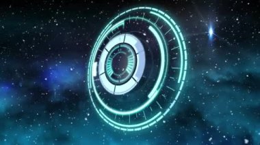Neon mavisi yuvarlak tarayıcının üzerine yağan kar mavi arka planda parlayan yıldızların üzerinde dönüyor. Noel şenliği ve kutlama konsepti