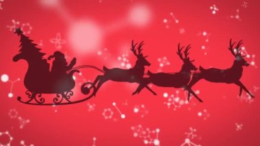 Noel Baba 'nın üzerinde yüzen moleküler yapılar kırmızı arka planda ren geyikleri tarafından çekiliyor. Noel şenliği ve kutlama konsepti