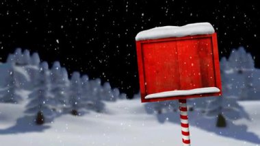 Kar yağışının animasyonu ve kış manzarası üzerinde fotokopi alanı olan kuzey kutbu işareti. Noel, kış, gelenek ve kutlama konsepti dijital olarak oluşturulmuş video.