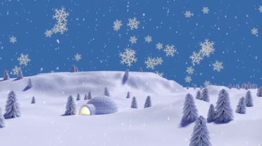 Eskimo evine düşen kar taneleri ve kışın mavi arka planda birden fazla ağaç. Noel şenliği ve kutlama konsepti