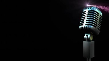 Retro beyaz mikrofon, mor kayan yıldıza karşı siyah arka plan. müzik etkinliği ve kutlama konsepti