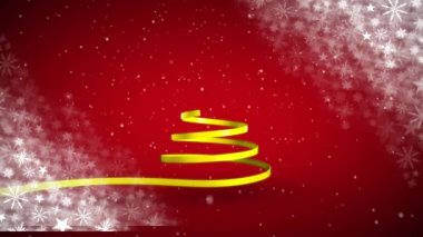 Kırmızı arka planda Noel ağacı oluşturan sarı kurdelenin animasyonu. Noel, kış, gelenek ve kutlama konsepti dijital olarak oluşturulmuş video.